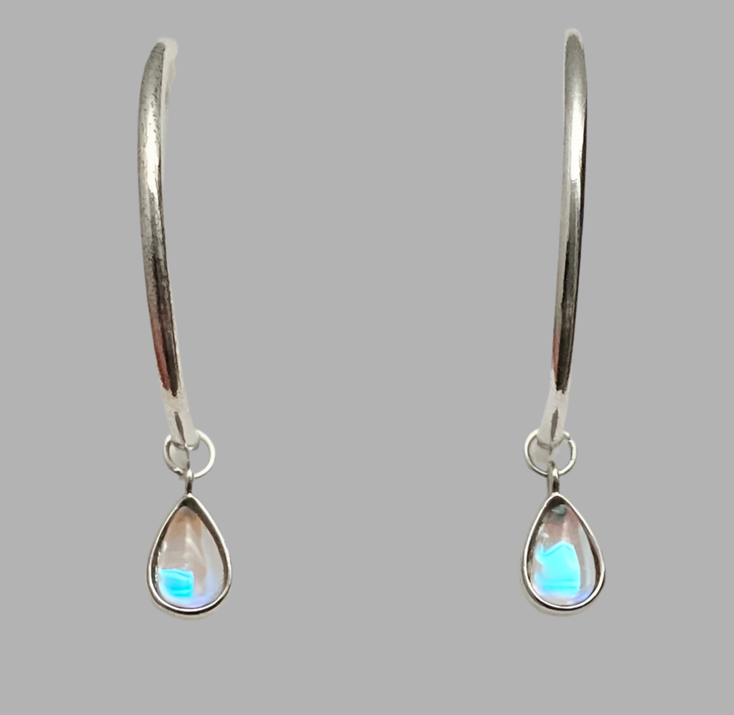Silver Moonstone Teardrop Hoop Earrings - Rescinti