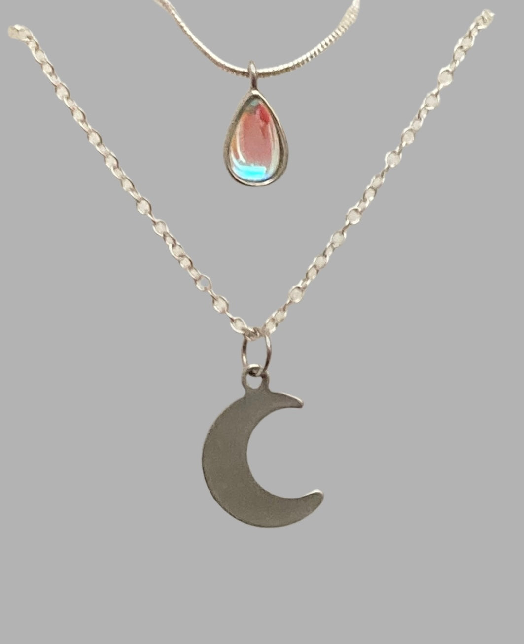 Silver Moonstone Teardrop & Moon Layered Necklace