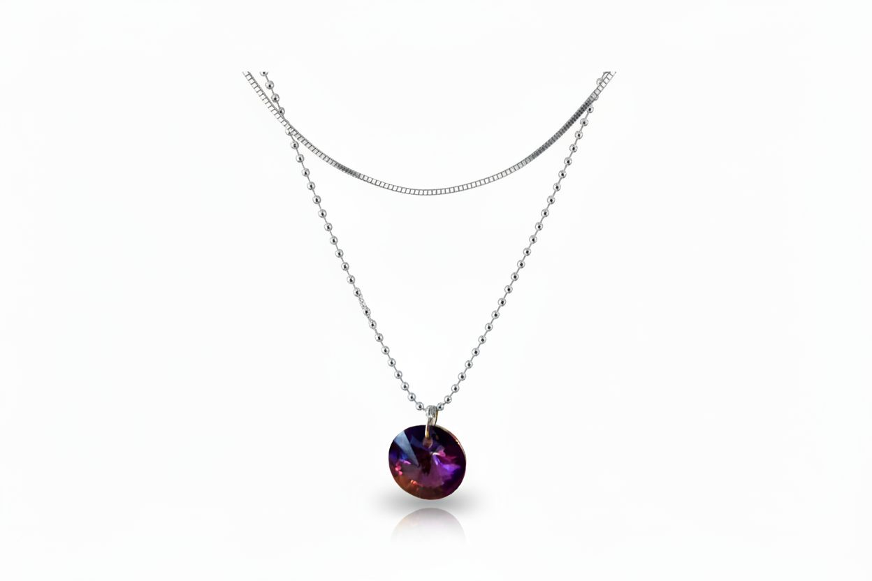 Silver Round Crystal Layered Necklace - (Six Colours Available) - Rescinti