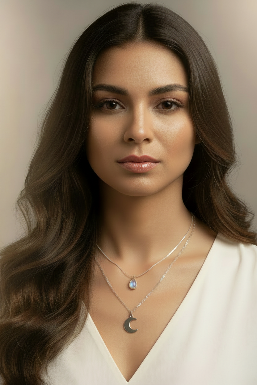 Silver Moonstone Teardrop & Moon Layered Necklace