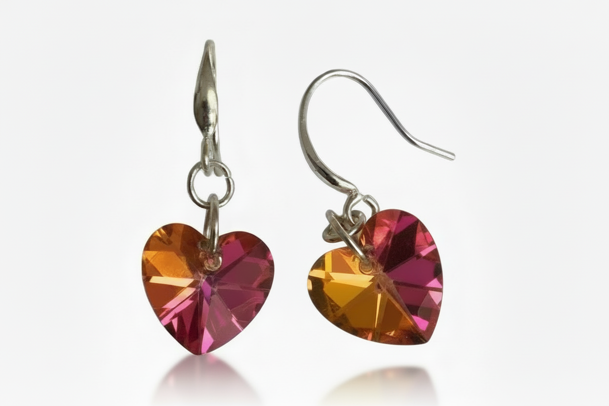 Silver Crystal Heart Dangle Earrings - (Six Colours Available) - Rescinti