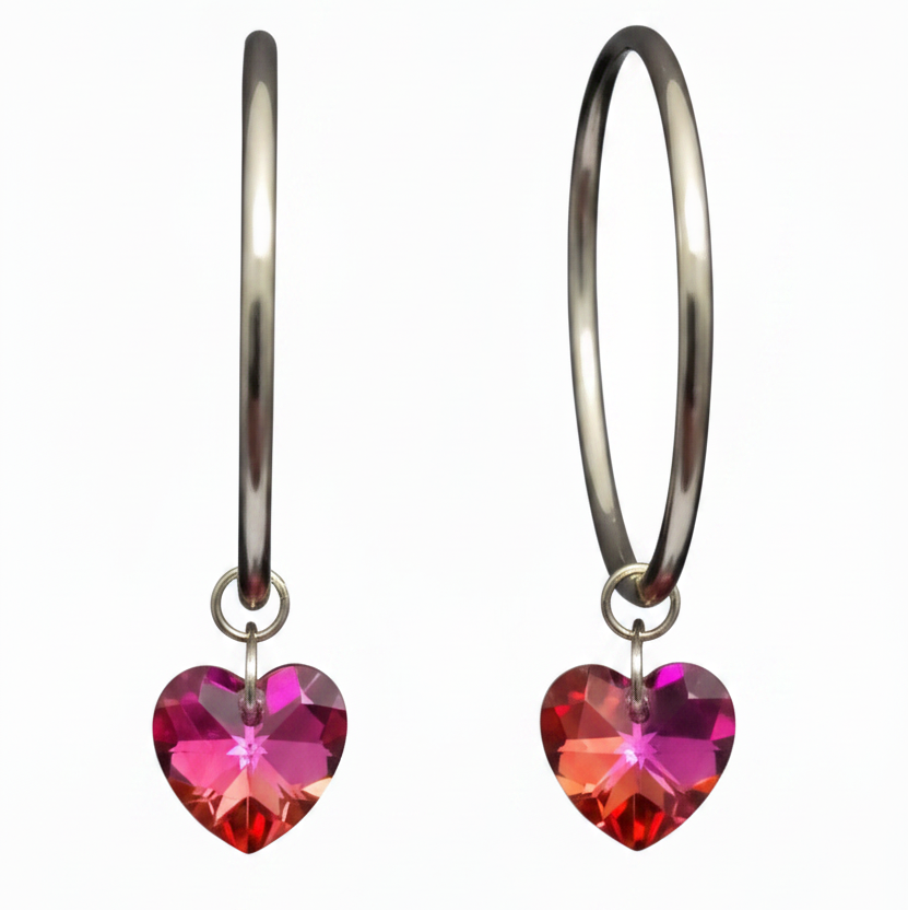 Small Crystal Heart Silver Hoop Earrings - (Six Colours Available)