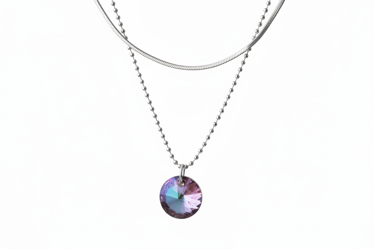 Silver Round Crystal Layered Necklace - (Six Colours Available) - Rescinti