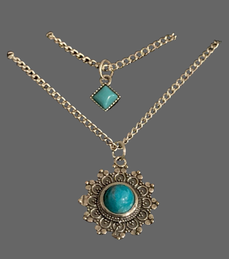 Blue Turquoise Sun Layered Silver Necklace - Rescinti