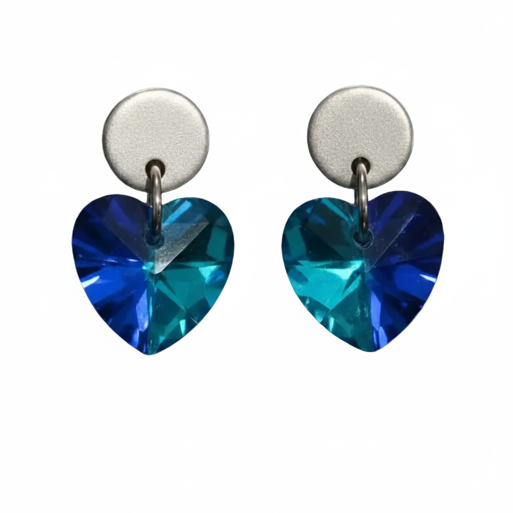 Stainless Steel Small Heart Crystal Dangle Earrings - (Six Colours Available)