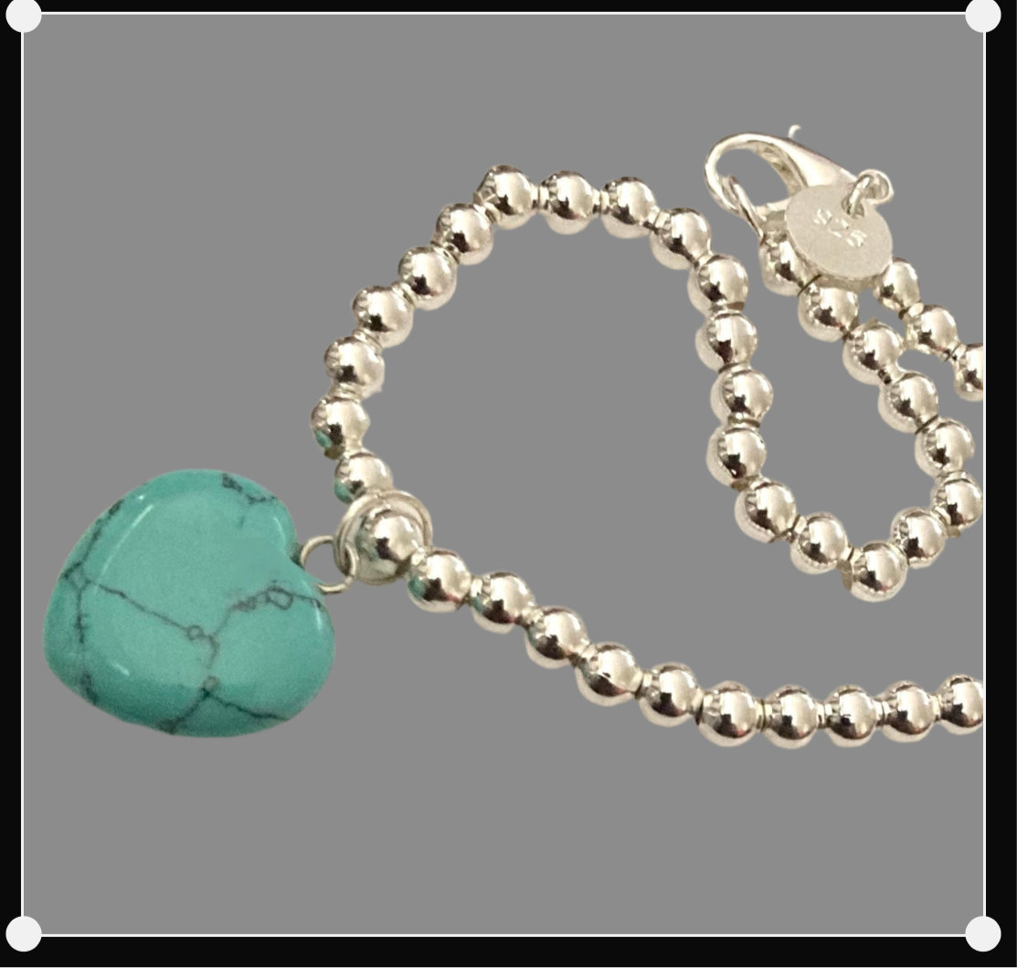 Silver Crystal Heart Gemstone Ball Bead Bracelet - (Seven Colours Available)