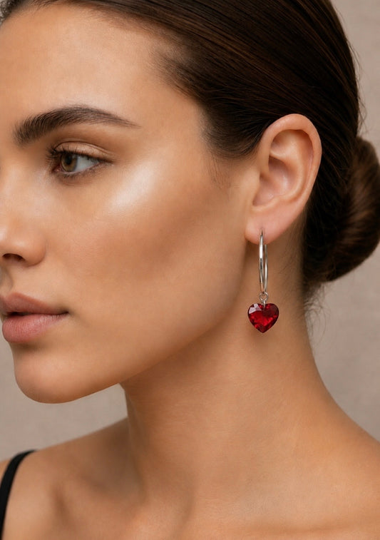 Large Crystal Heart Silver Hoop Earrings - (Three Colours Available) - Rescinti