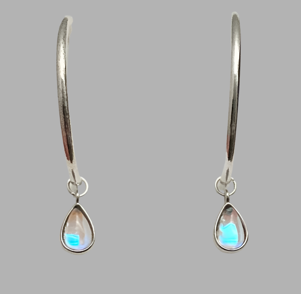 Silver Moonstone Teardrop Hoop Earrings