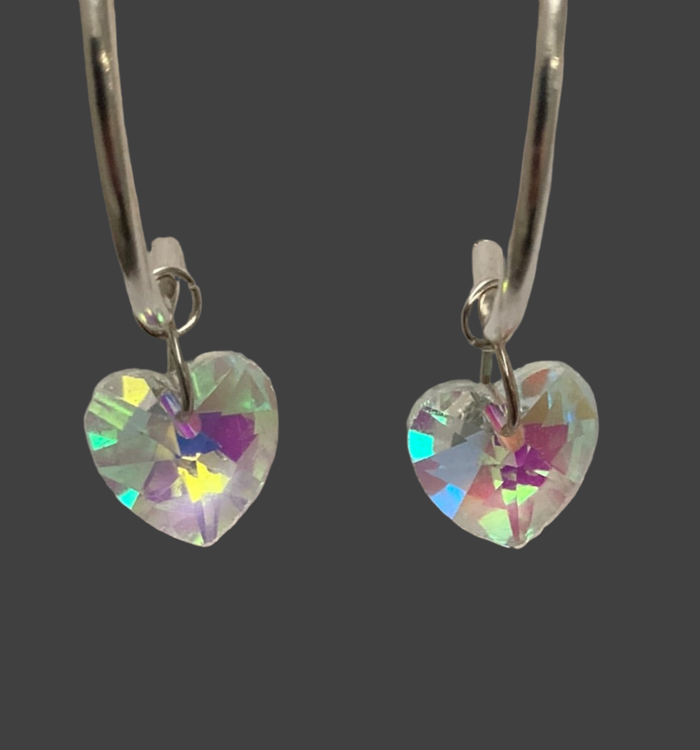 Large Crystal Heart Silver Hoop Earrings - (Three Colours Available) - Rescinti