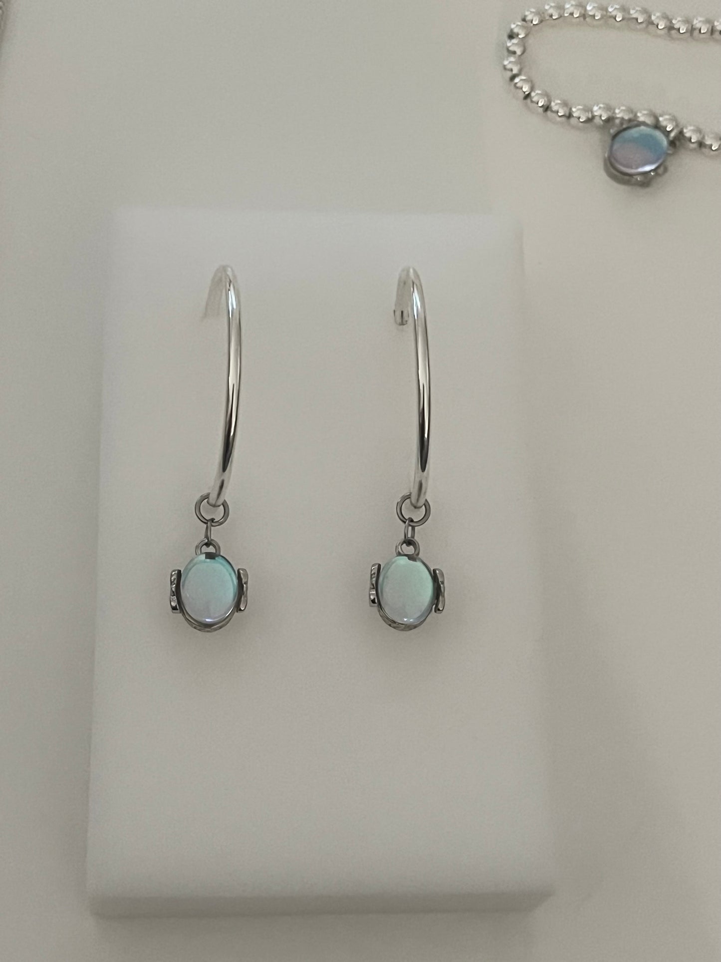 Silver Oval Moonstone Hoop Earrings