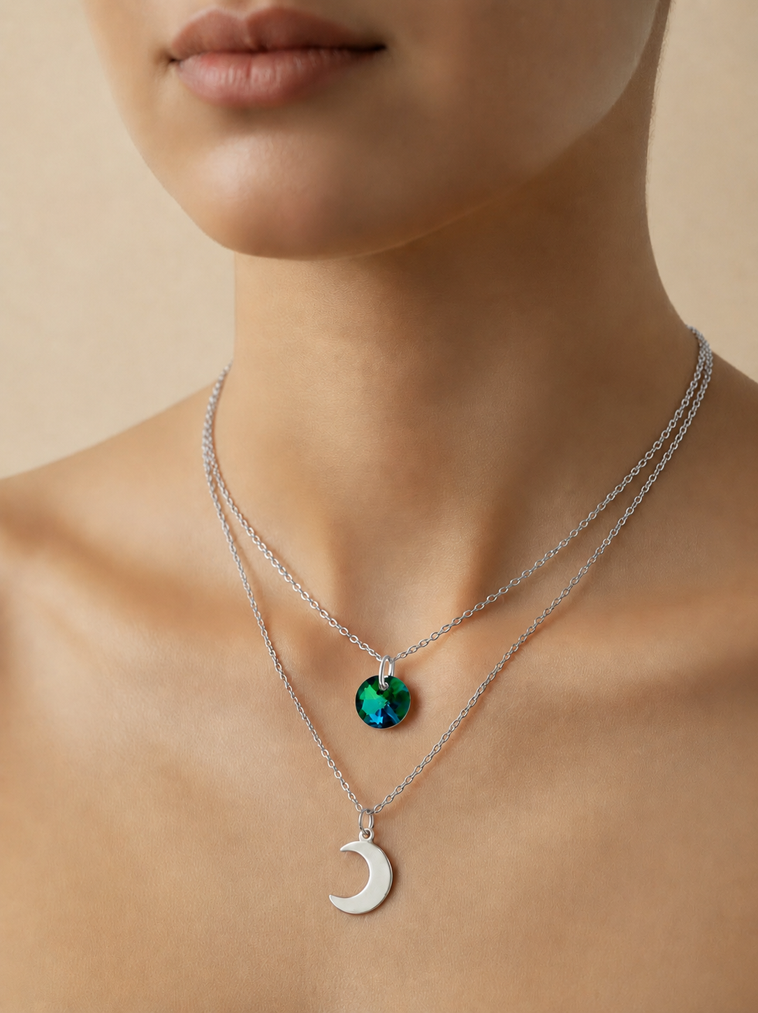Layered Round Crystal & Moon Stainless Steel Necklace - (Four Colours) | Australia | Unique Gift for Her| Rescinti - Rescinti