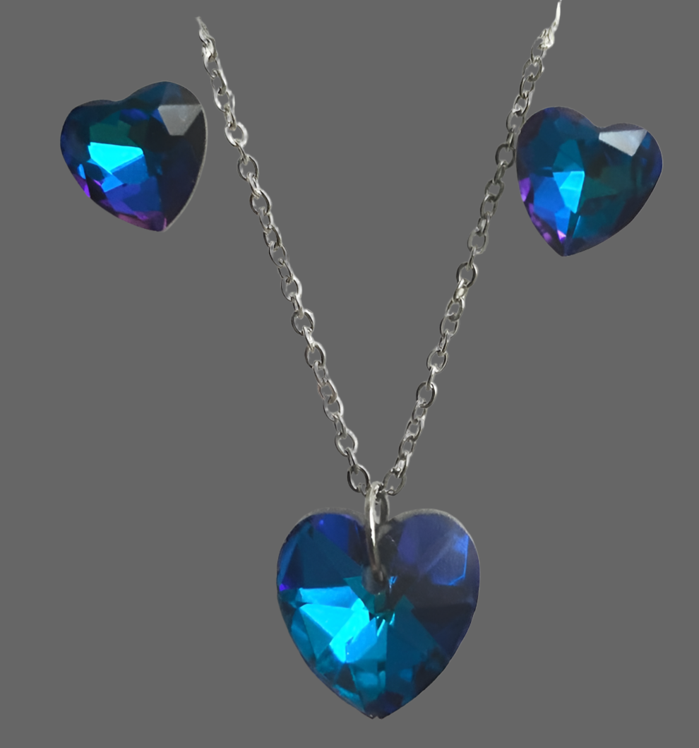 Stainless Steel Crystal Heart Jewellery Set - (Three Colours Available) - Rescinti