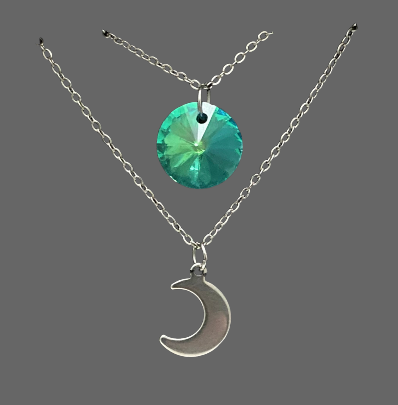 Layered Round Crystal & Moon Stainless Steel Necklace - (Four Colours Available) - Rescinti