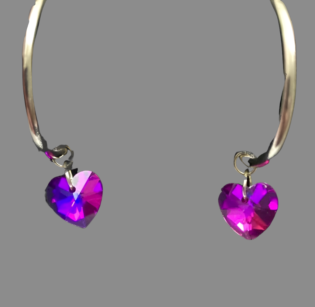 Small Crystal Heart Silver Hoop Earrings - (Six Colours Available) - Rescinti