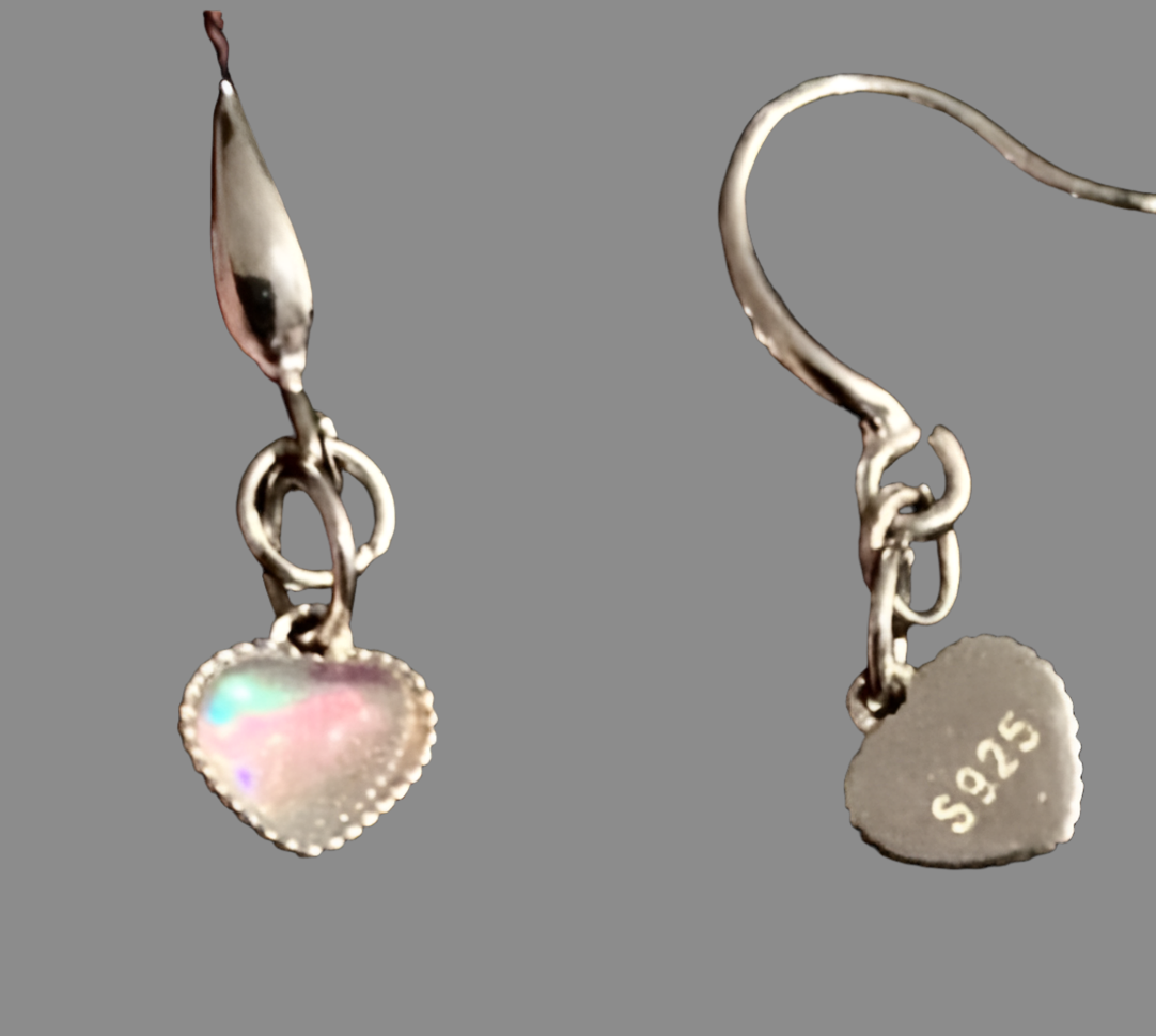 Silver Mini Heart Moonstone Dangle Hook Earrings - Rescinti