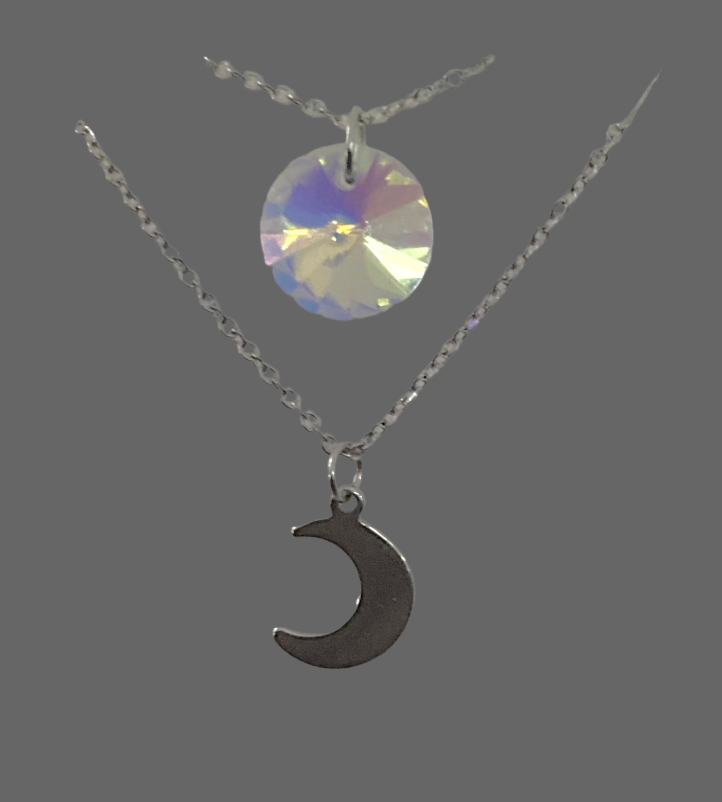 Layered Round Crystal & Moon Stainless Steel Necklace - (Four Colours Available) - Rescinti