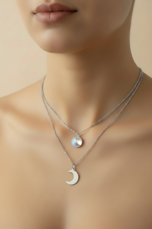 Layered Round Crystal & Moon Stainless Steel Necklace - (Four Colours) | Australia | Unique Gift for Her| Rescinti - Rescinti