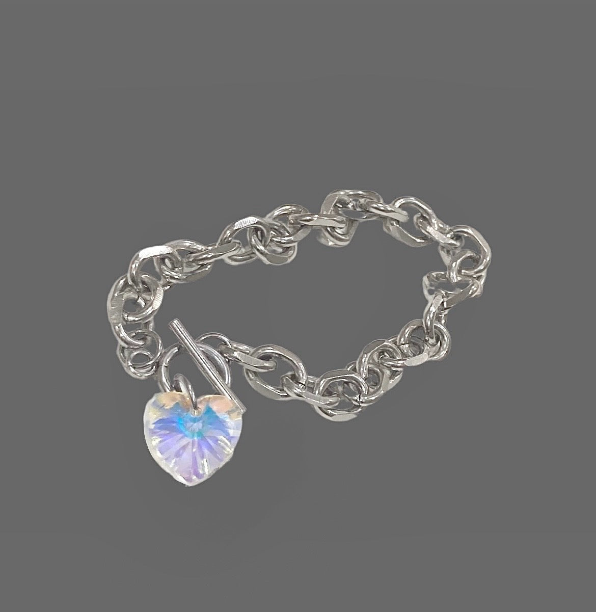 Chunky Stainless Steel Heart Crystal Pendant Bracelet