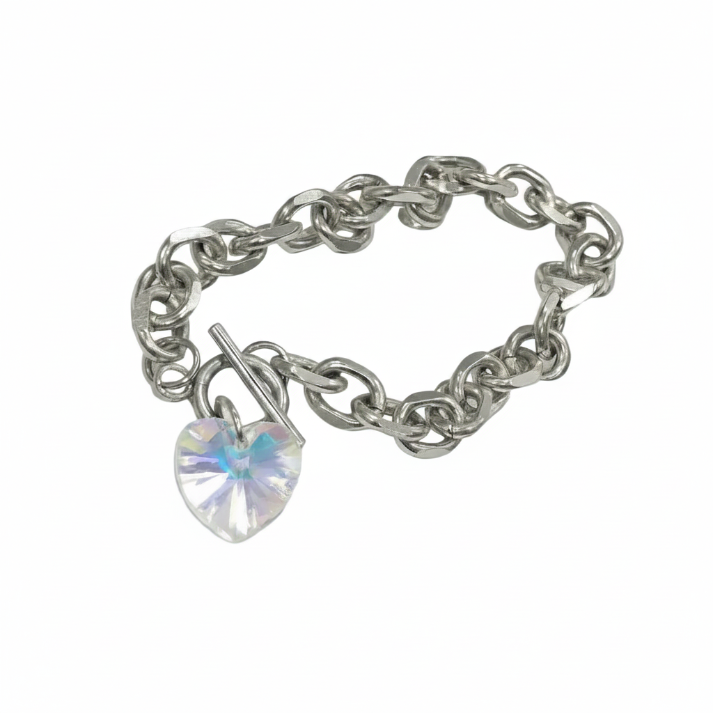 Stainless Steel Crystal Heart Charm Toggle Bracelet – Hypoallergenic - Rescinti