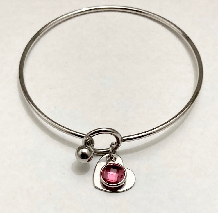 Stainless Steel Heart Charm Bangle - (Twelve Colours Available) - Rescinti