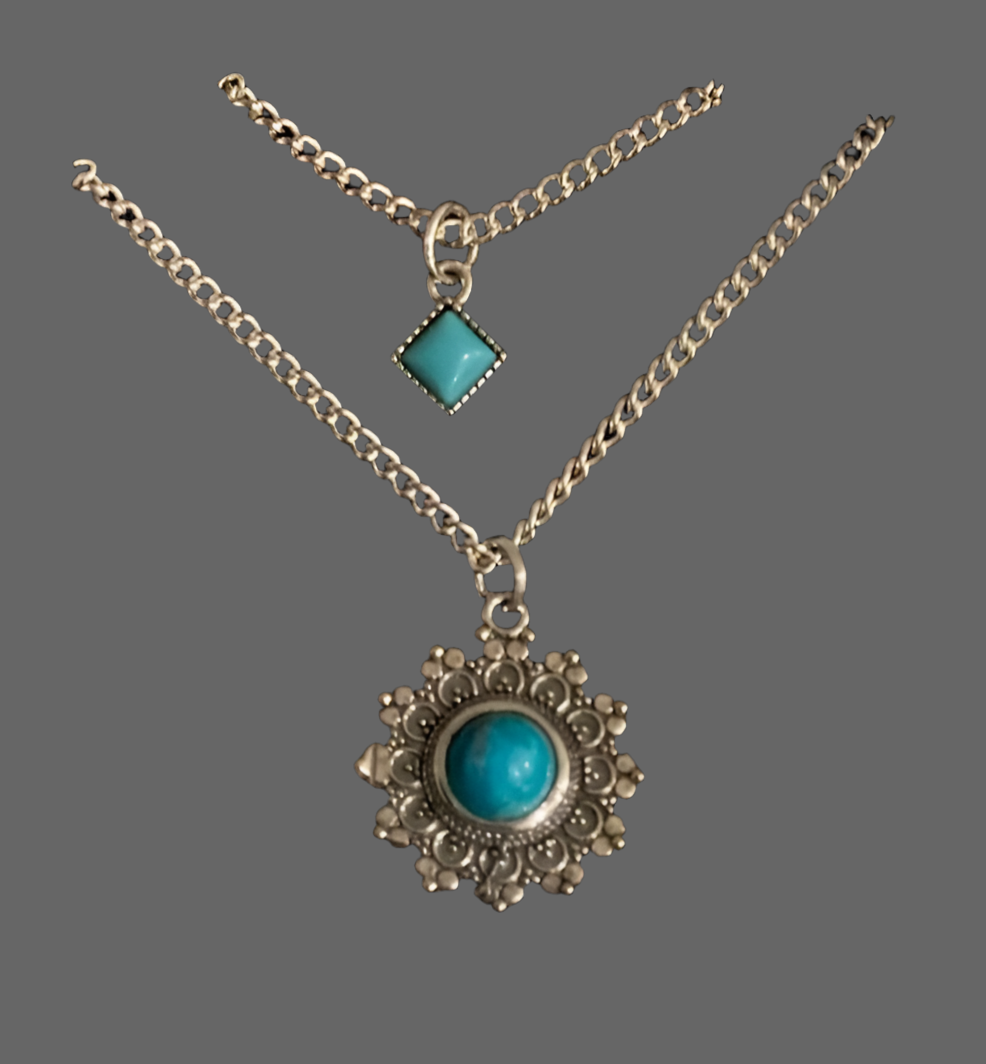 Blue Turquoise Sun Layered Silver Necklace - Rescinti