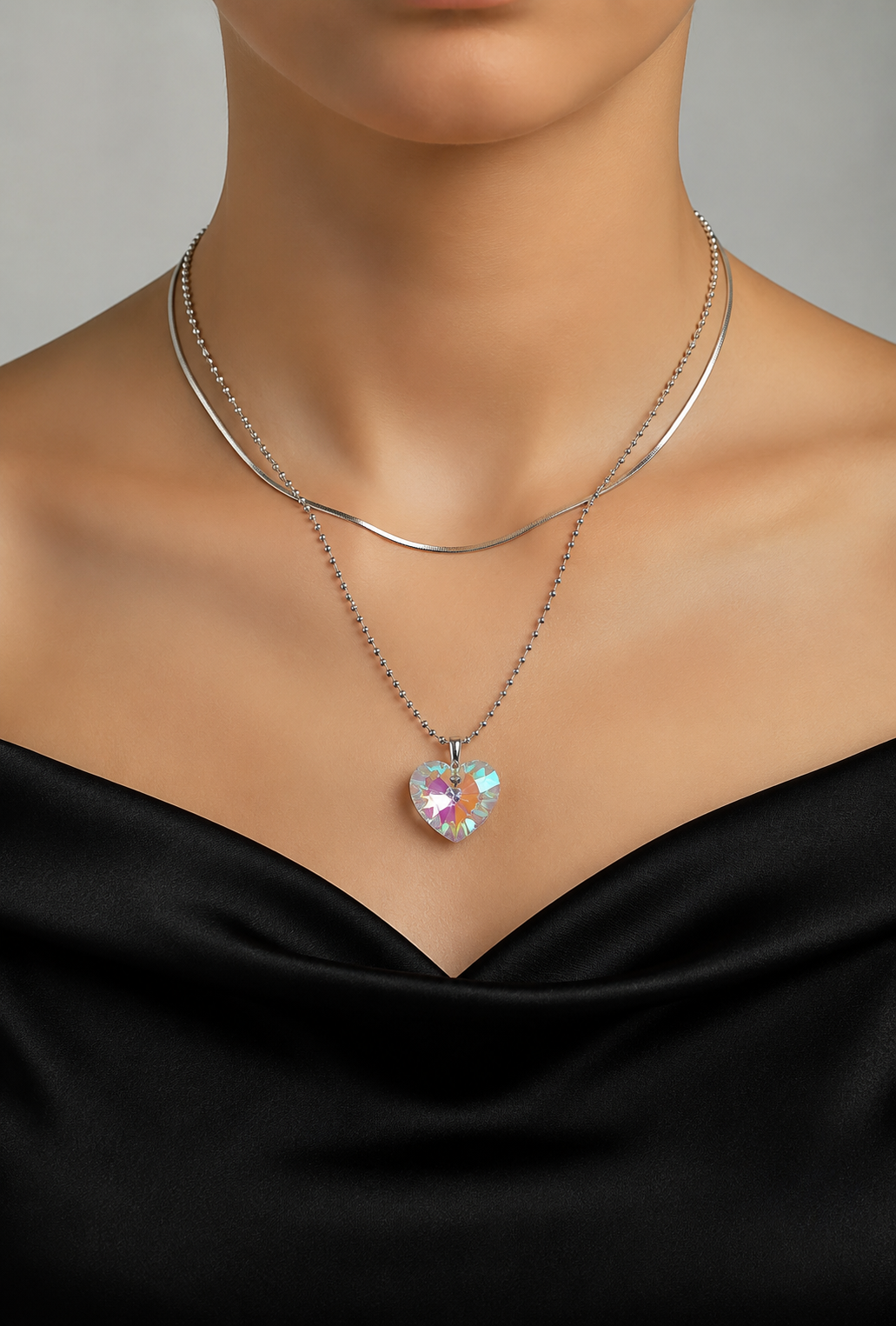 Crystal Heart Layered Silver Necklace - (Three Colours Available)