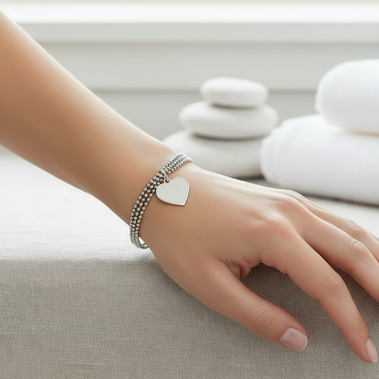 Stainless Steel Layered Three Tier Ball Bead Heart Bracelet - Rescinti