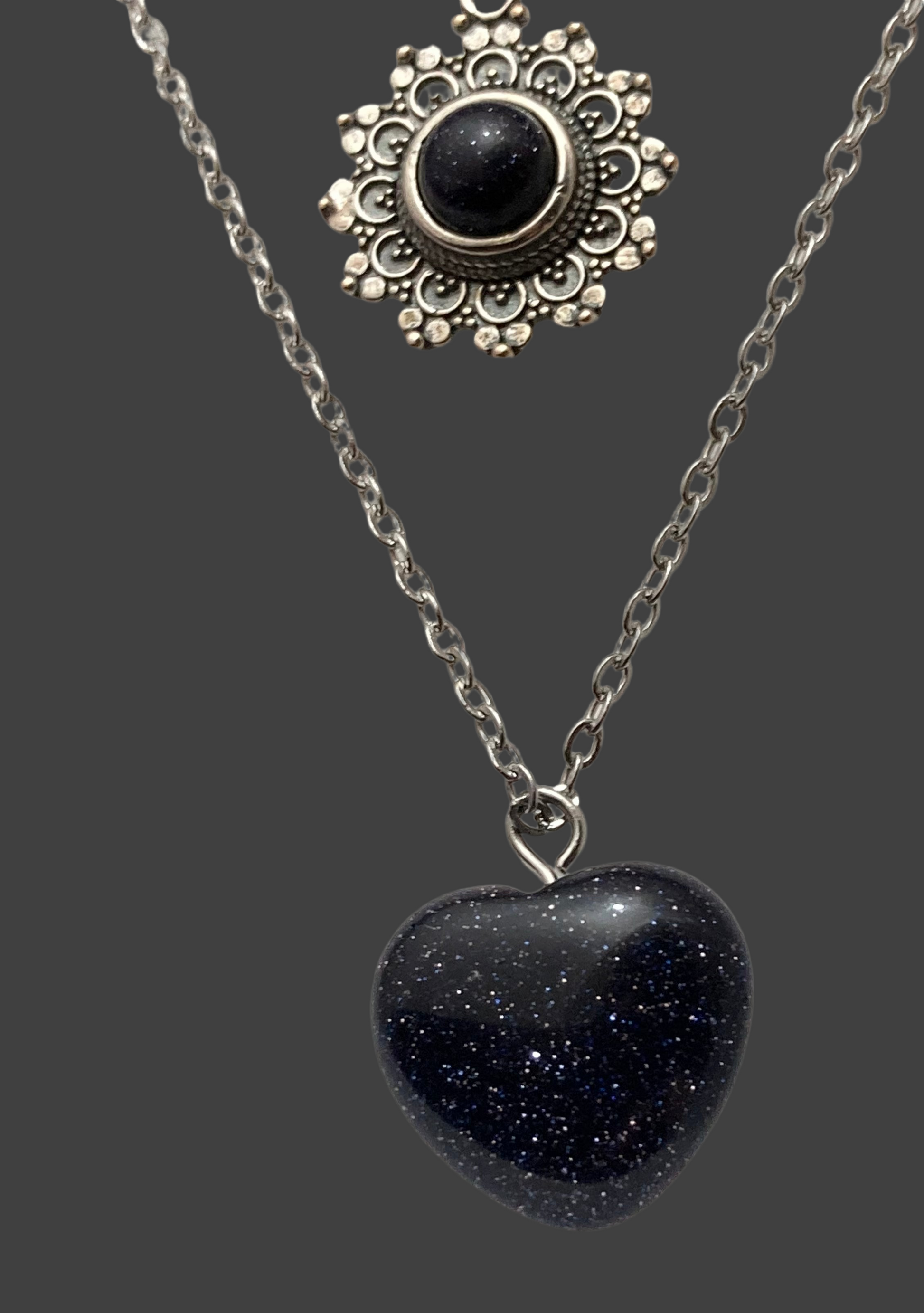 Blue Sandstone Sun Heart Layered Silver Necklace - Rescinti