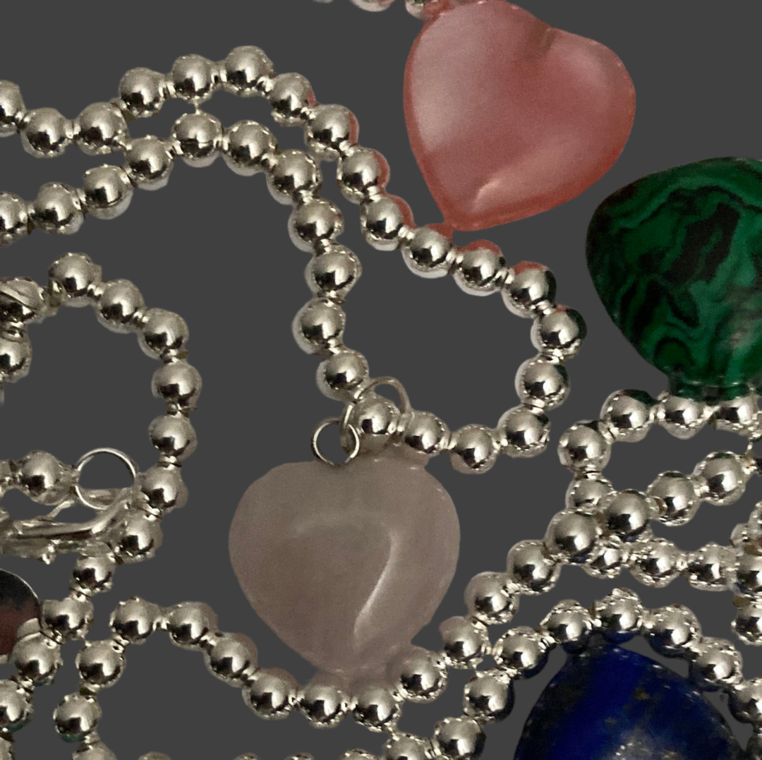 Silver Crystal Heart Gemstone Ball Bead Bracelet - (Seven Colours Available)