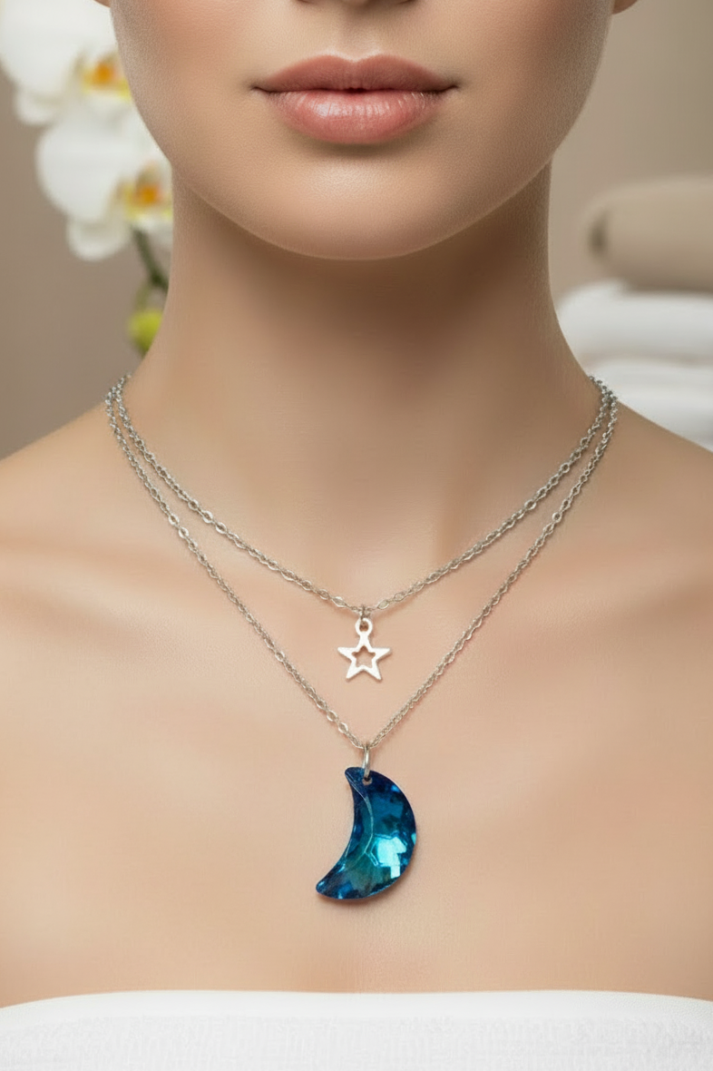 Layered Mini Star & Crystal Moon Stainless Steel Necklace - (Four Colours Available) - Rescinti