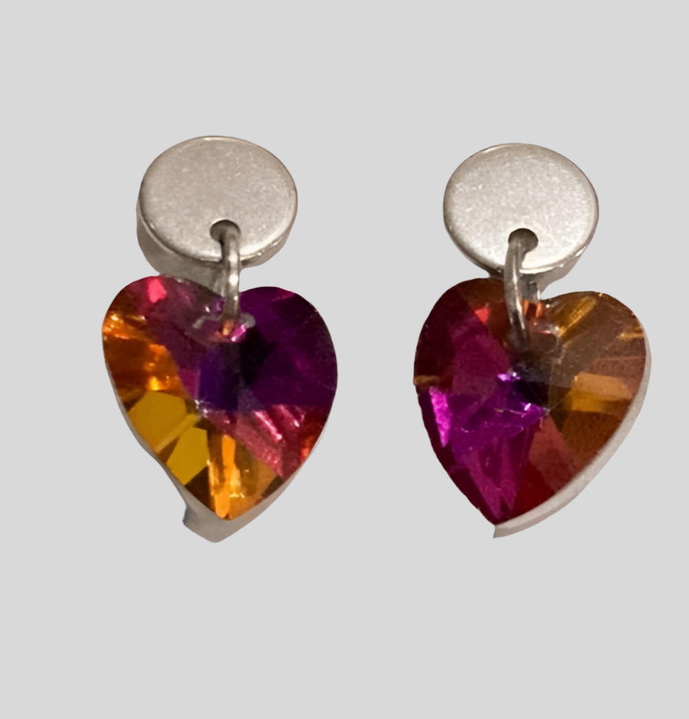 Stainless Steel Small Heart Crystal Dangle Earrings - (Six Colours Available) - Rescinti