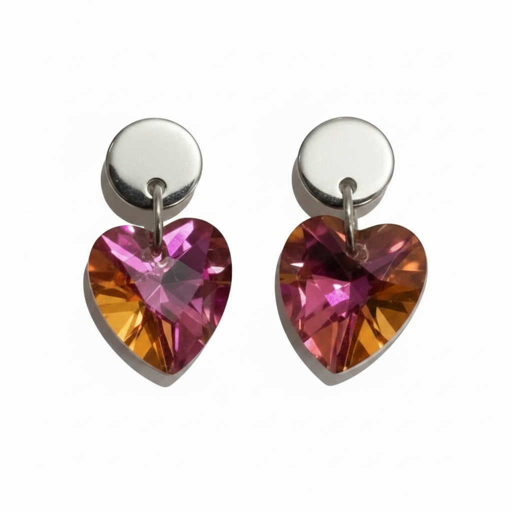 Stainless Steel Small Heart Crystal Dangle Earrings - (Six Colours Available)