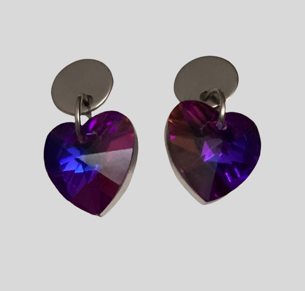 Stainless Steel Small Heart Crystal Dangle Earrings - (Six Colours Available) - Rescinti