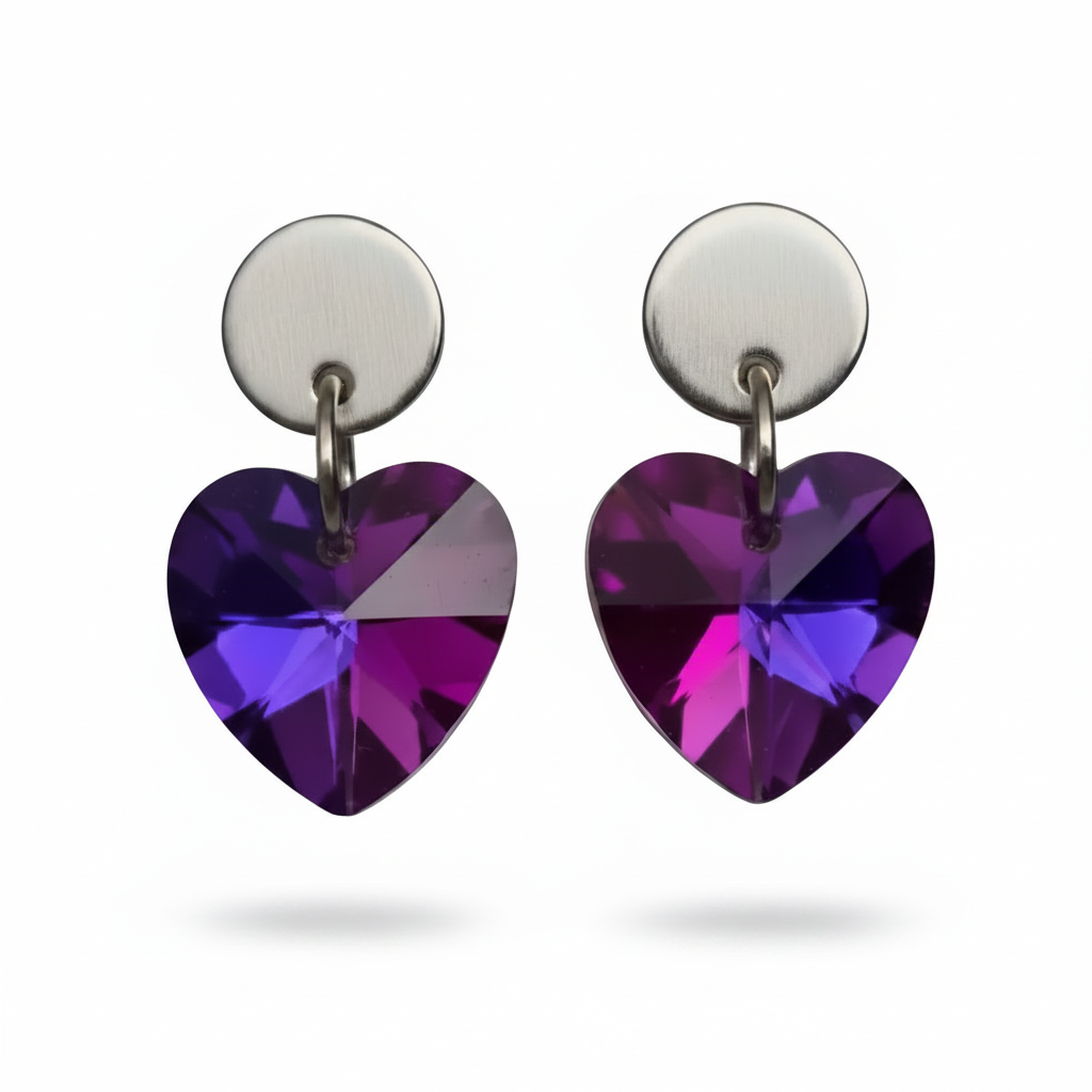 Stainless Steel Small Heart Crystal Dangle Earrings - (Six Colours Available)