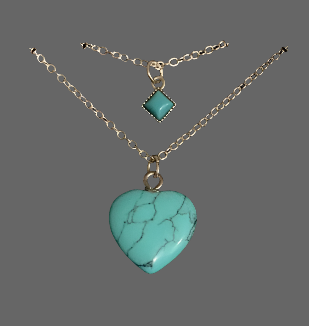 Blue Turquoise Layered Heart Silver Necklace - Rescinti