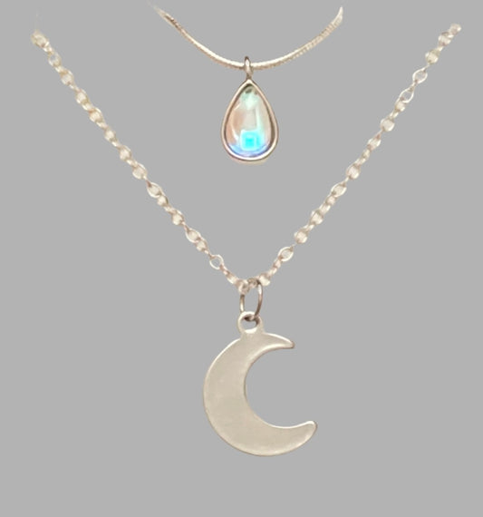 Silver Moonstone Teardrop & Moon Layered Necklace