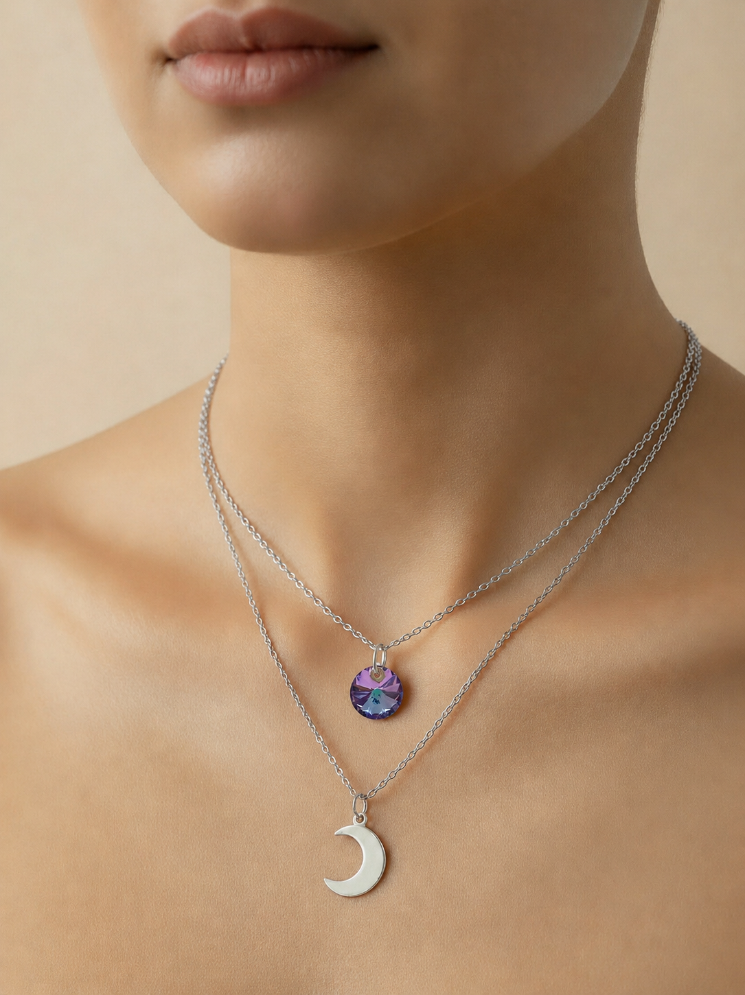 Layered Round Crystal & Moon Stainless Steel Necklace - (Four Colours) | Australia | Unique Gift for Her| Rescinti - Rescinti