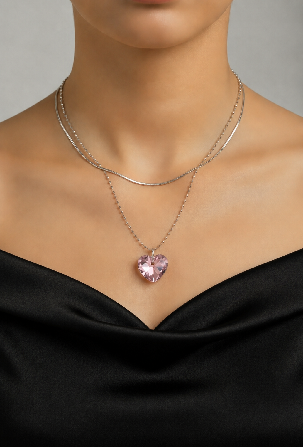 Crystal Heart Layered Silver Necklace - (Three Colours Available)