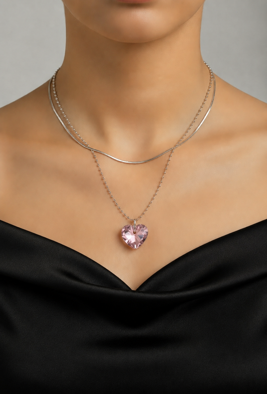 Crystal Heart Layered Silver Necklace - (Three Colours Available)