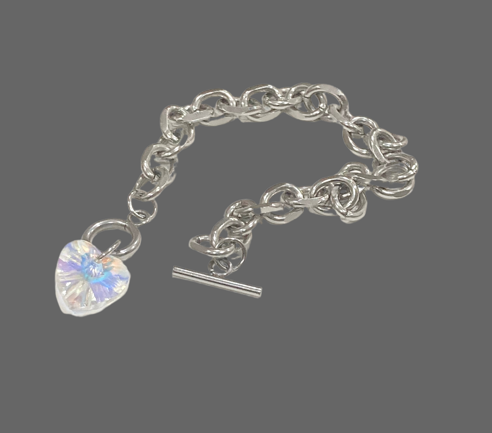 Chunky Stainless Steel Heart Crystal Pendant Bracelet - Rescinti