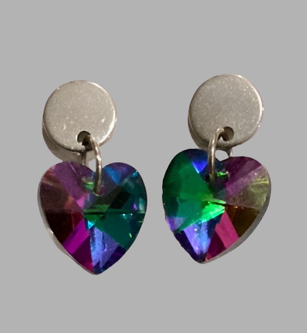 Stainless Steel Small Heart Crystal Dangle Earrings - (Six Colours Available) - Rescinti