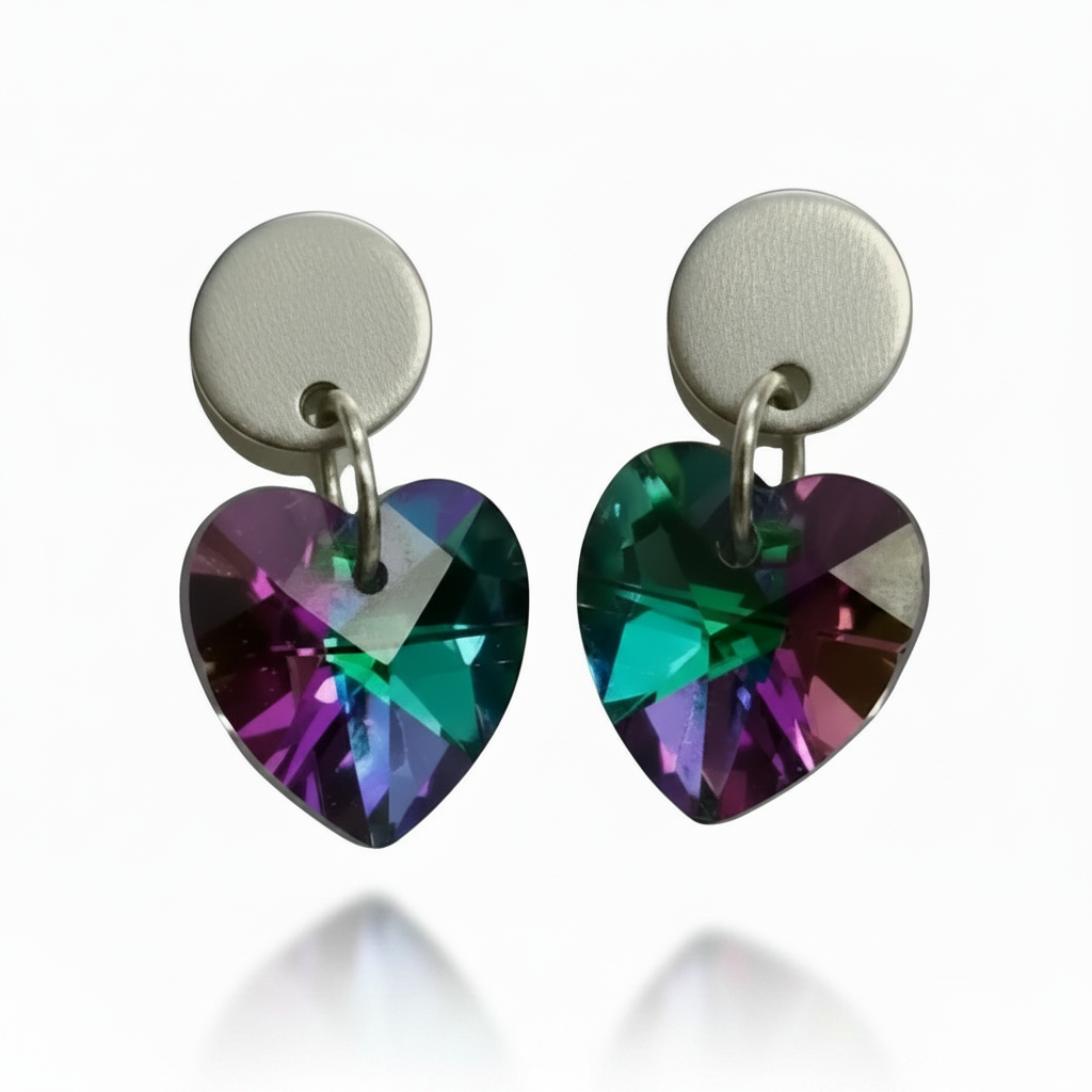 Stainless Steel Small Heart Crystal Dangle Earrings - (Six Colours Available)