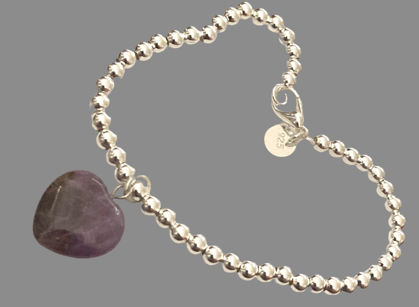 Silver Crystal Heart Gemstone Ball Bead Bracelet - (Seven Colours Available)