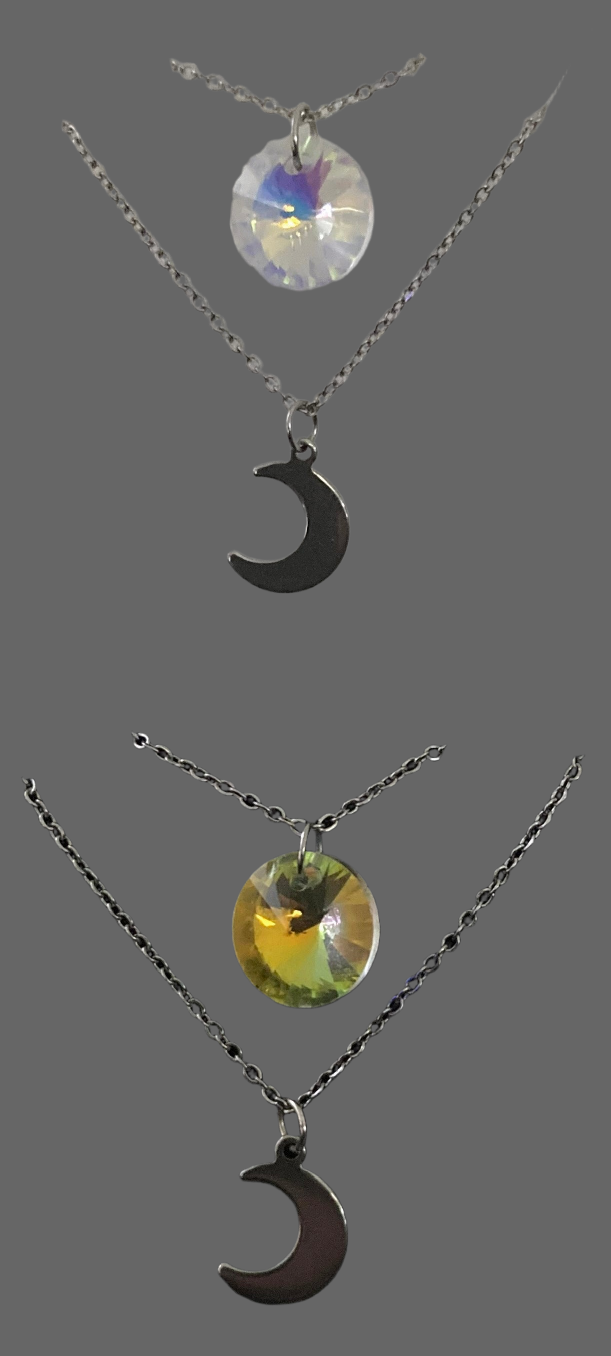 Layered Round Crystal & Moon Stainless Steel Necklace - (Four Colours Available) - Rescinti