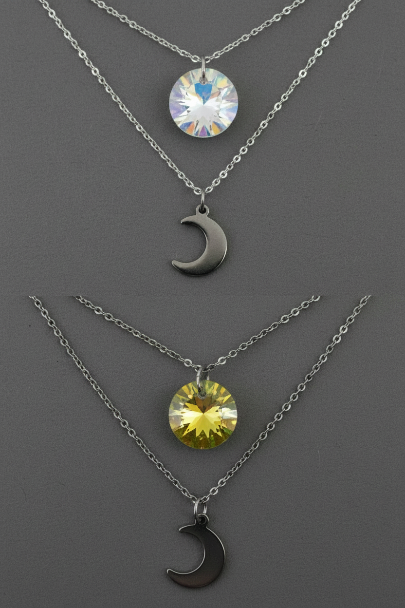 Layered Round Crystal & Moon Stainless Steel Necklace - (Four Colours) | Australia | Unique Gift for Her| Rescinti - Rescinti