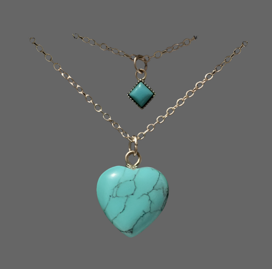 Blue Turquoise Layered Heart Silver Necklace - Rescinti