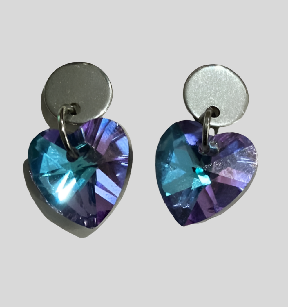 Stainless Steel Small Heart Crystal Dangle Earrings - (Six Colours Available) - Rescinti