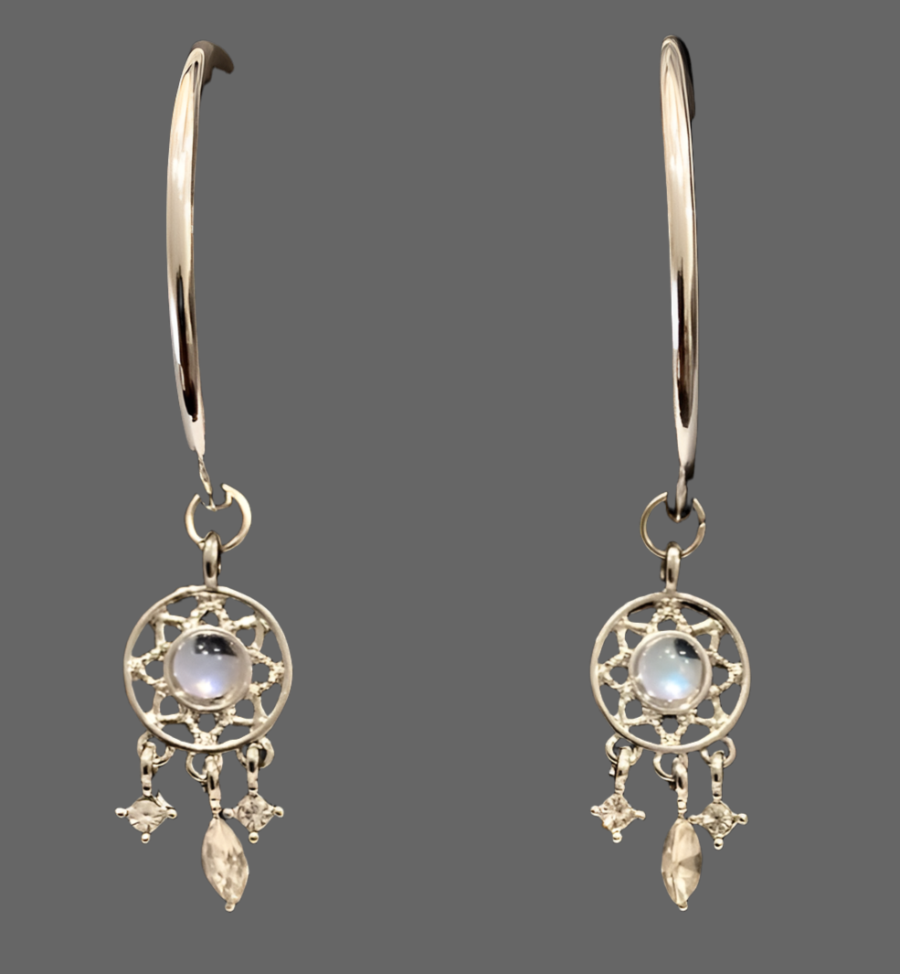 Silver Moonstone Dreamcatcher Hoop Earrings - Rescinti