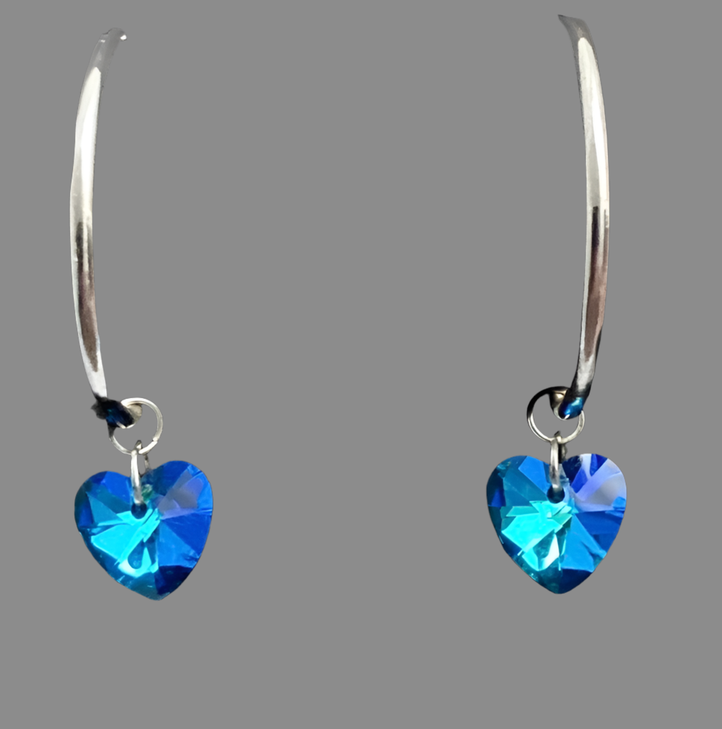 Small Crystal Heart Silver Hoop Earrings - (Six Colours Available) - Rescinti