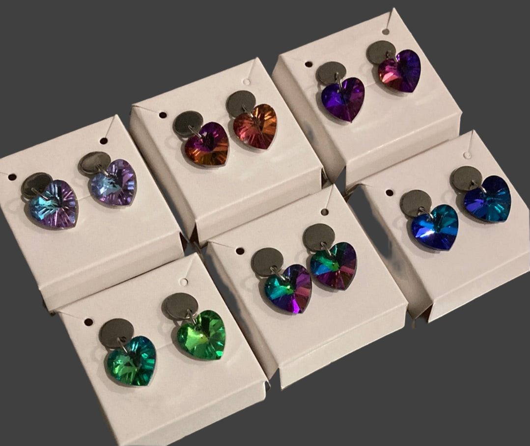 Stainless Steel Small Heart Crystal Dangle Earrings - (Six Colours Available) - Rescinti